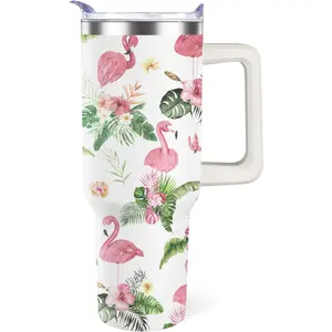 OccuPied Flamingo Tumbler with Handle Flamingo Gifts for Women 40oz Cup Stainless Steel Water Bottle Insulated Travel Coffee Mug with Lid and Straw
