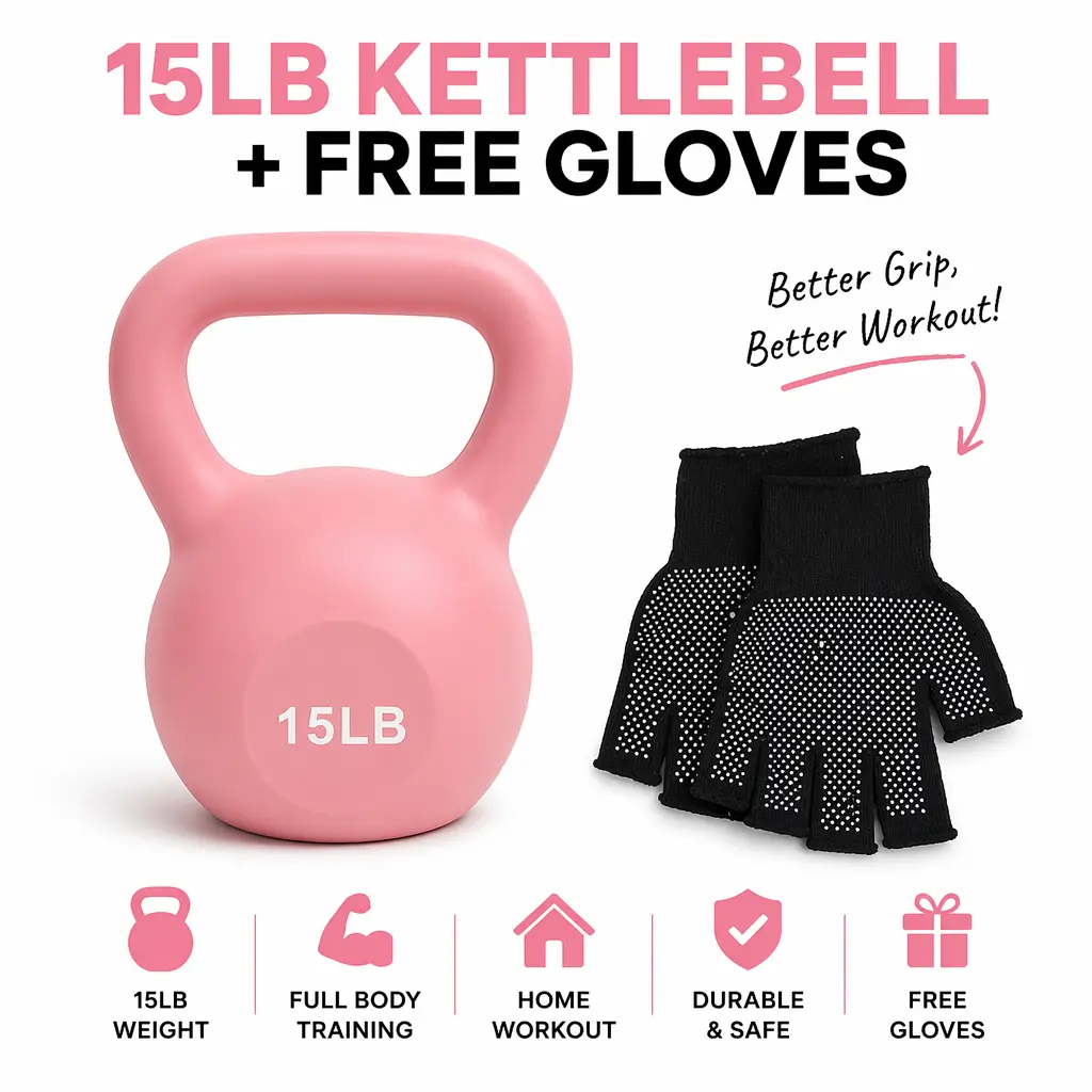 15LB Vinyl Coated Cast Iron Kettlebell for Home Workouts - Full Body Strength Training Targeting Shoulders and Core, Includes Gloves for Better Grip, Durable & Safe, Glutes