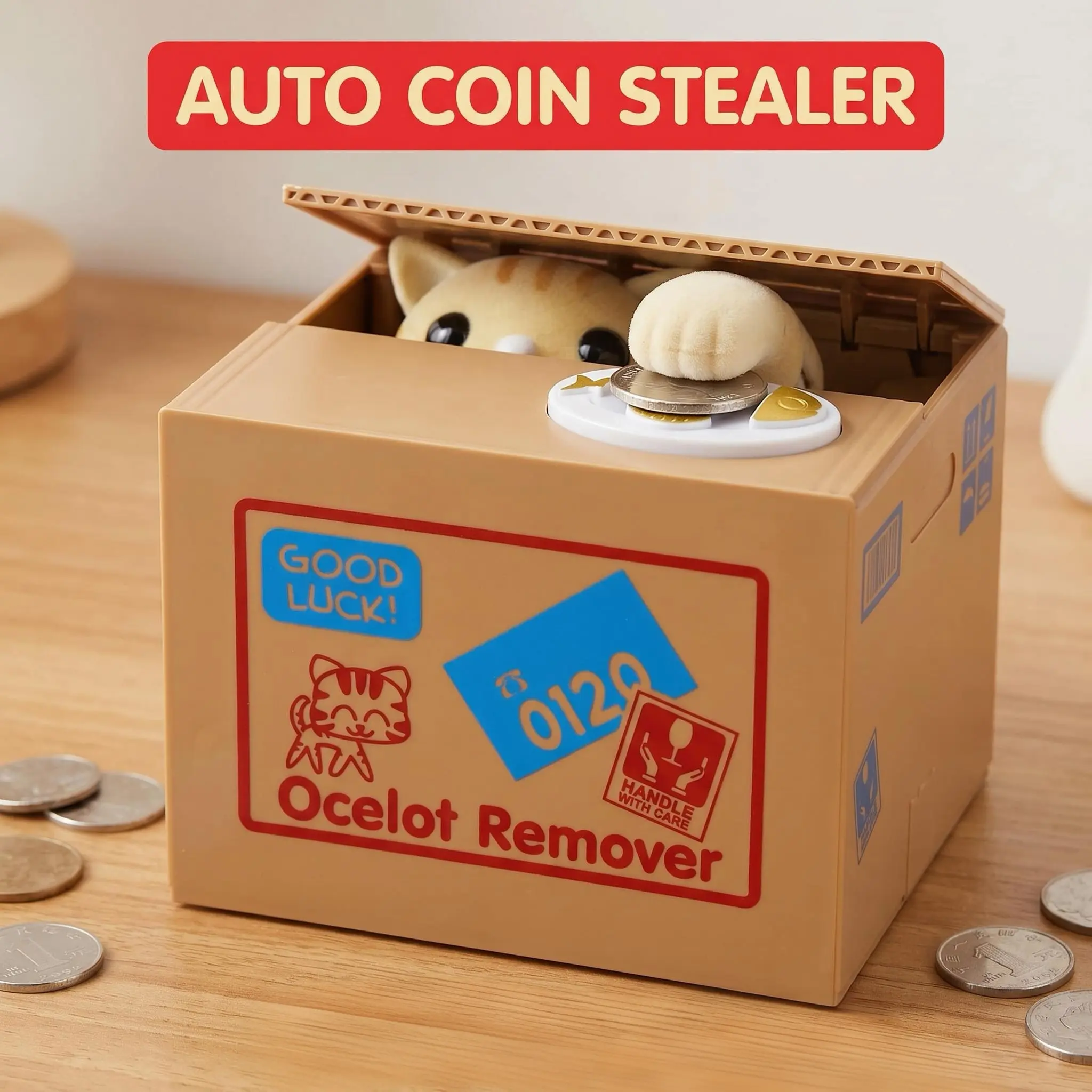 Cat Stealing Money Bank, Lucky Cat Piggy Bank for Kids, Automatic Coin Bank with English Speaking, Creative Money Saving Box Gift