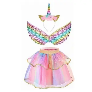 Rainbow Unicorn Costume Set 3 Piece Headband Wings Short Skirt Christmas Halloween Carnival Party Party Costume Accessory