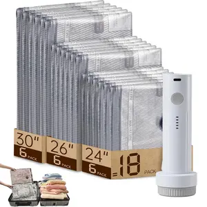 【2025 Upgraded】 Cordless Travel Vacuum Storage Bag Set – 18-Pack Compression Bags for Carry-On Suitcases – 140L/Min Powerful Air Removal – USB Rechargeable Handheld Pump with Built-In Battery – Space Saver for Clothes & Packing， waterproof, reusable