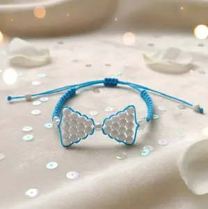 Blue Macrame Bow Bracelet with White Beads Adjustable Friendship Jewelry for Women