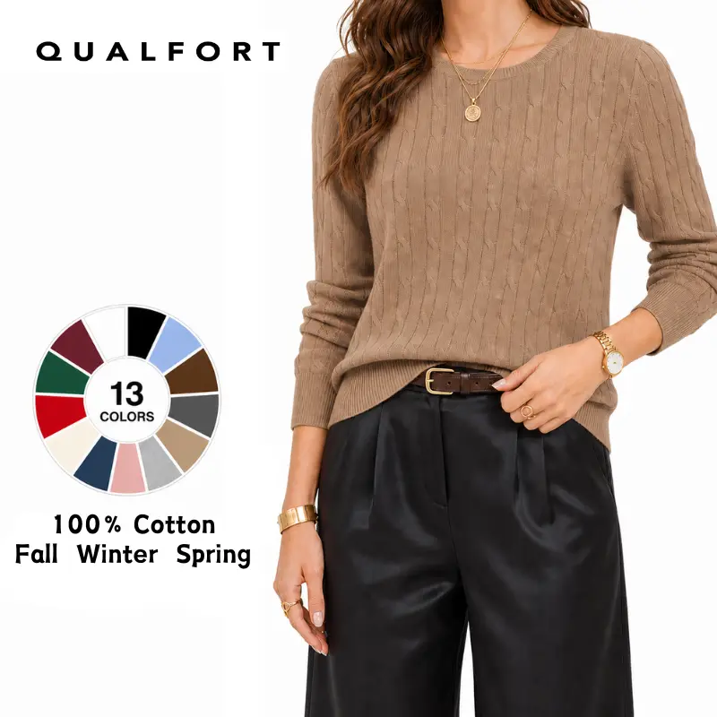 QUALFORT Women's Cable-Knit Crew Neck Sweater, Classic 100% Cotton Long Sleeve Pullover Top, Soft Lightweight Basic Top, Long Sleeve Tops
