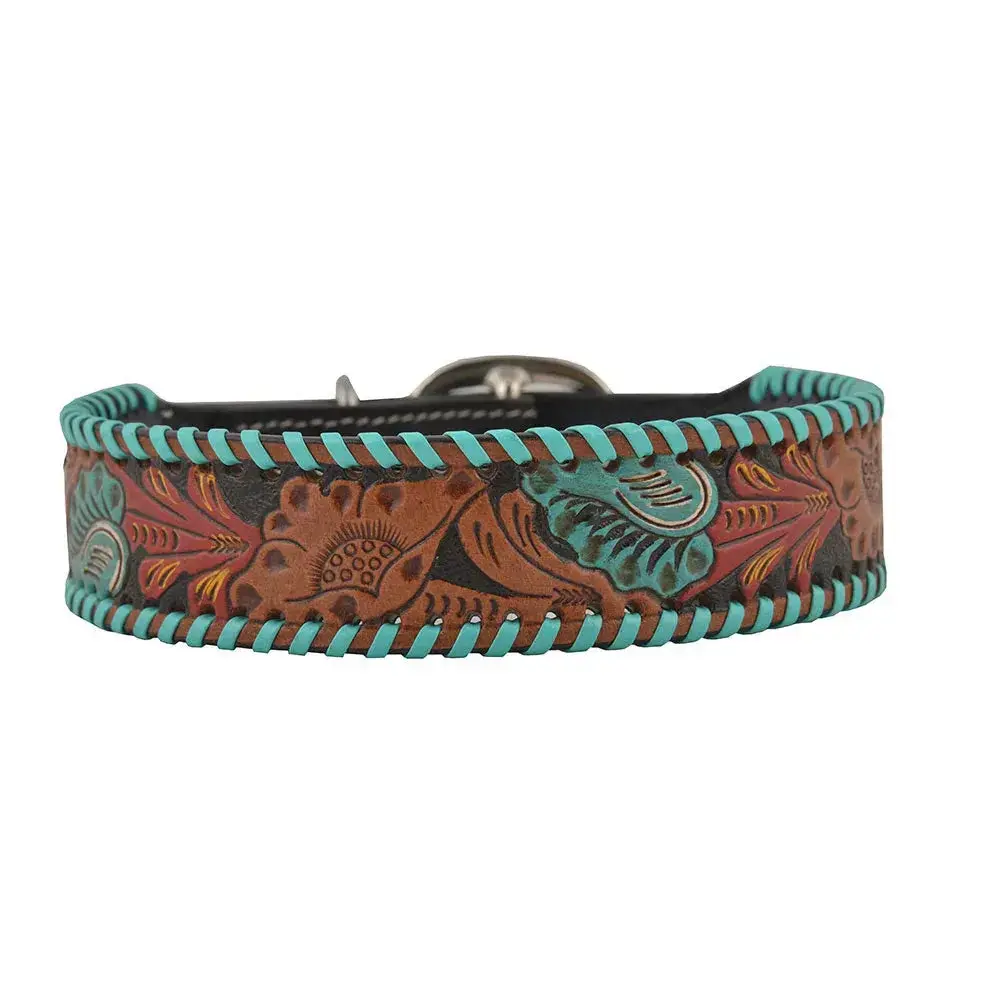 TEAL RED BLOOM HAND-TOOLED PADDED LEATHER DOG COLLAR WITH TEAL LACING TEAL RED BLOOM HAND-TOOLED PADDED LEATHER DOG COLLAR WITH TEAL LACING