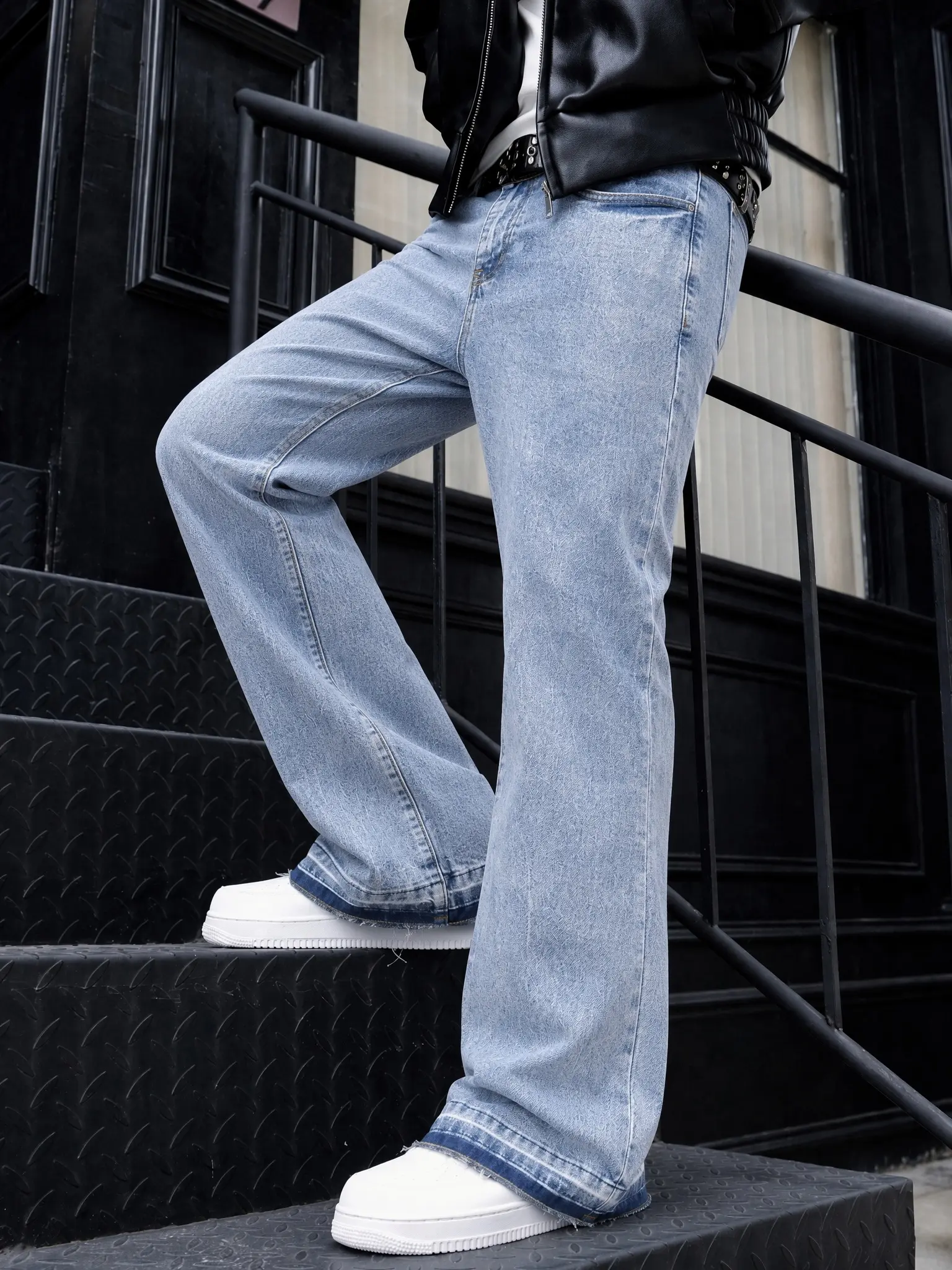 Men's Unisex Mid-Rise Stretch Bootcut Jeans - Blue Cracked Textured Retro Washed Denim Pants, Raw Frayed Hem, Streetwear Casual Trousers, Menswear Matching Fabric Tops Compatible, Natural, Soft, Classic, Stylish, Flared Jeans, Crop Tops, Original