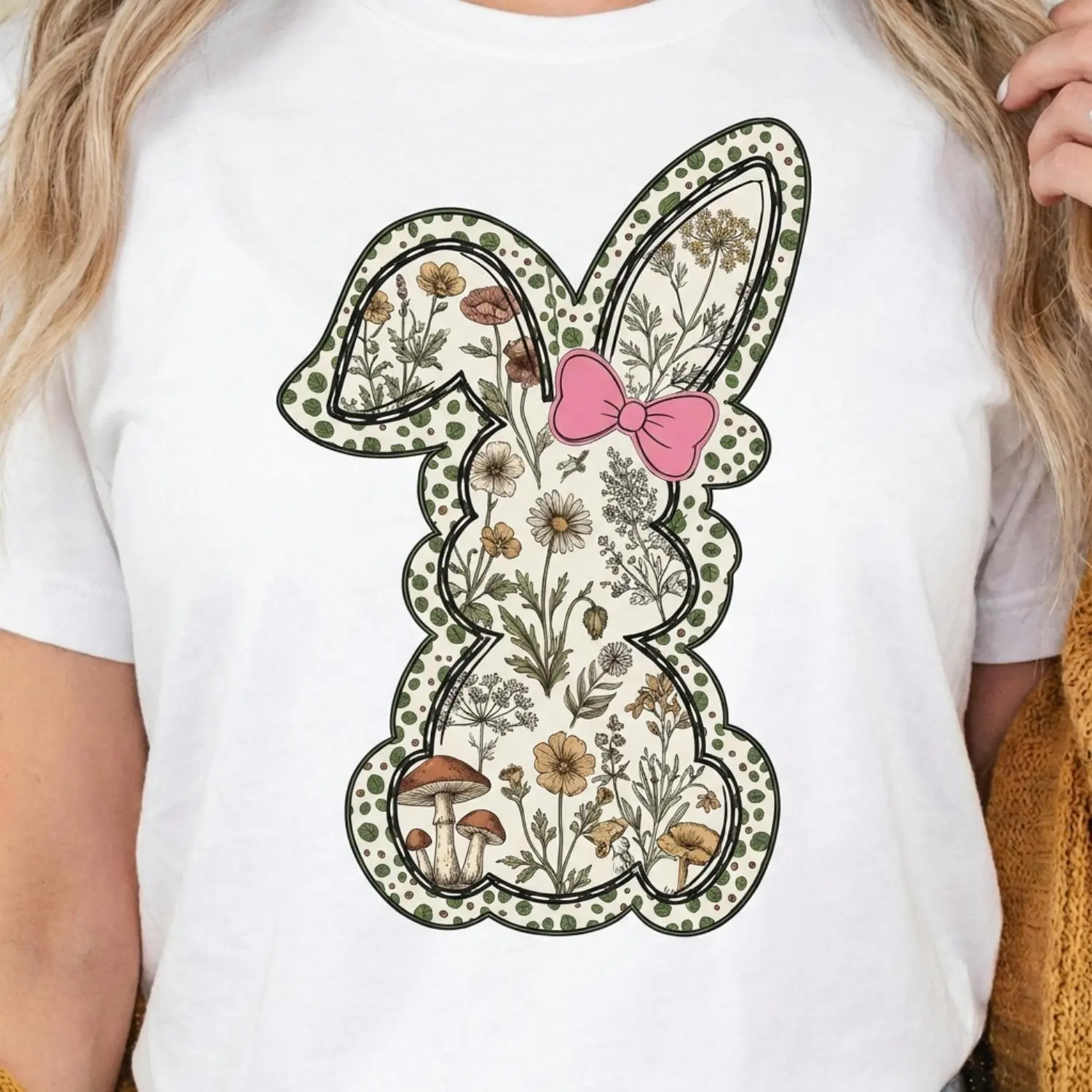 Women Casual Round Neck Short Sleeve TShirt Featuring Easter Bunny with Pink Bow and Colorful Swirls Print Ideal for Spring Festival Holiday and Daily Comfort