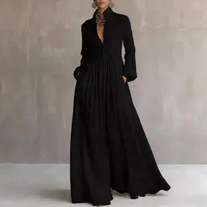2026 French Elegant Maxi Dress High Waist  Swing Long Dress Woman Spring Solid Pockets Pleated Maxi Dress Autumn Long Sleeve Button Evening Dress