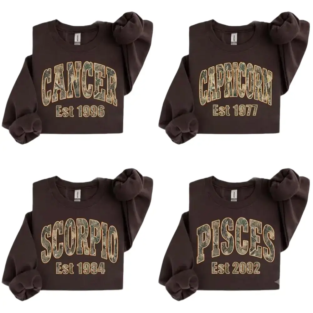 (Leave Add Note or DM our Shop) Custom Camo Zodiac Sweatshirt with Est Year, DARK CHOCOLATE Personalized Astrology Varsity Crewneck, Birth Year Star Sign Gift, Unisex Horoscope Sweatshirt, Personalized Zodiac Energy Gift for Birthday- DarkFlex