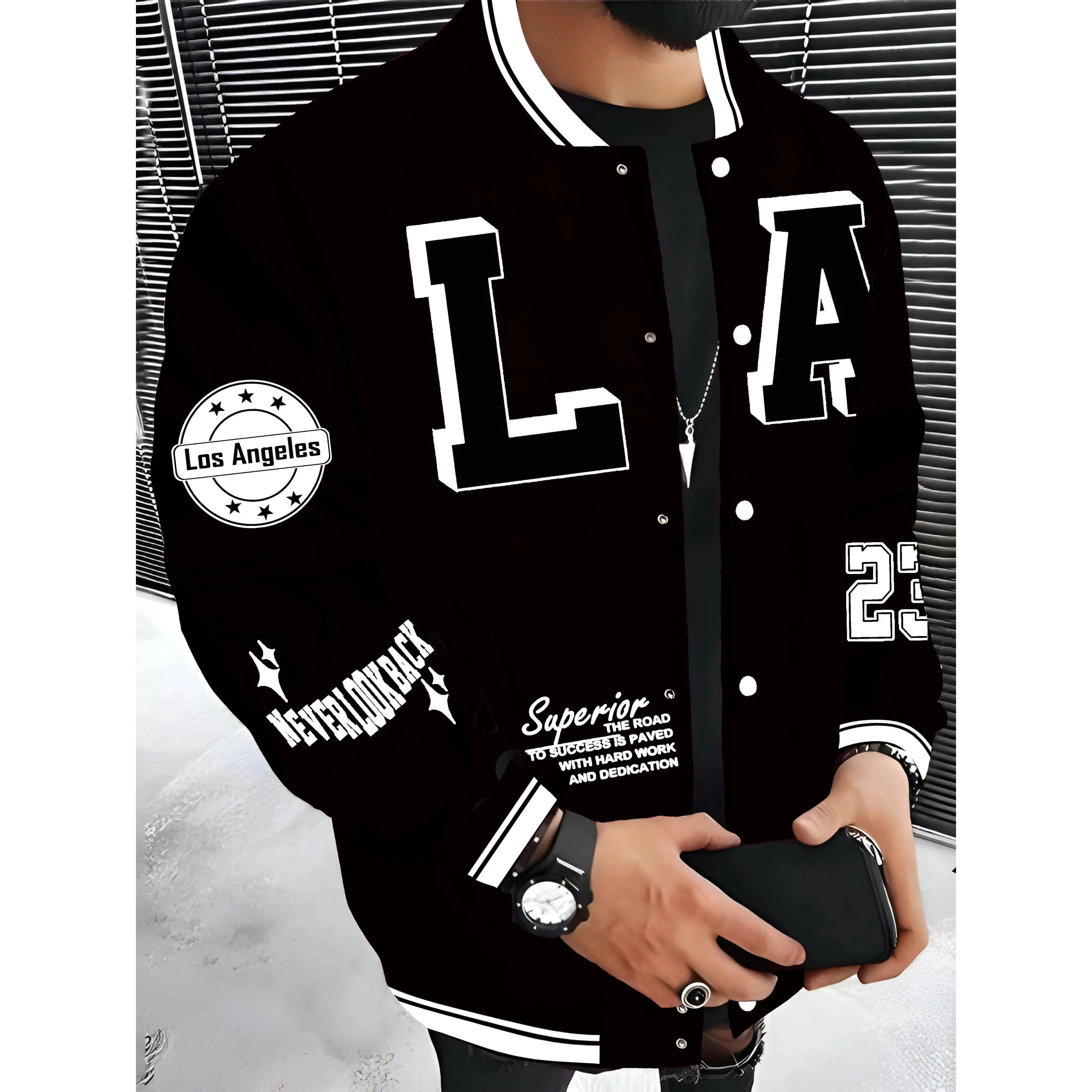 LA Men's Baseball Jacket "SUPERIOR QUALITY" Embroidered, Lightweight and Warm Polyester with Pockets Varsity Jacket, Hip Hop Rock Style