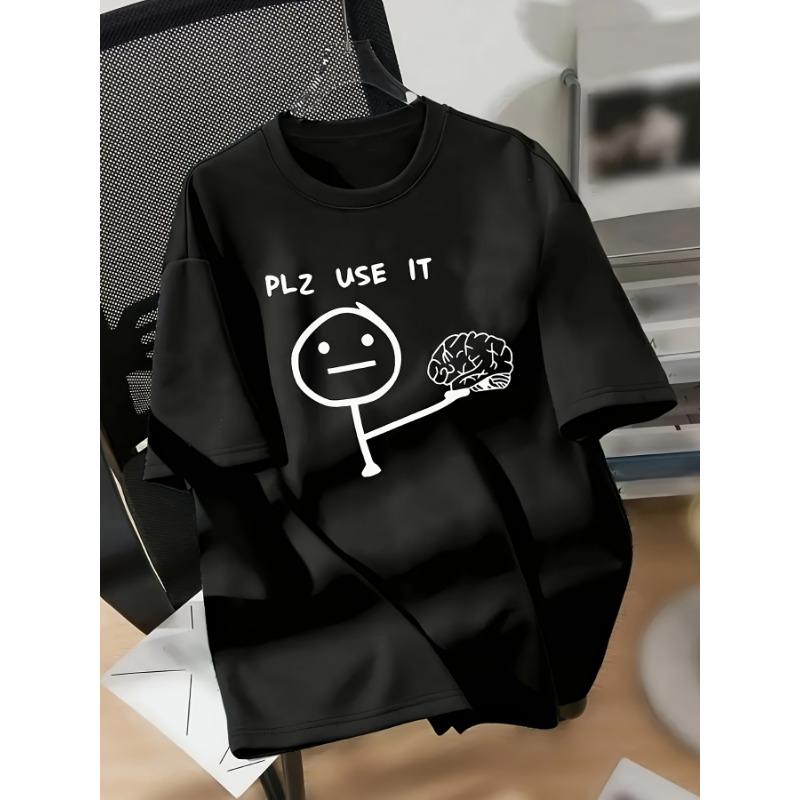 Vintage "PLZ USE IT" Brain Meme Men's Oversized Graphic T-Shirt | Funny Stick Figure Use Your Brain Sarcastic Gen Z Streetwear Bootleg Novelty Tee