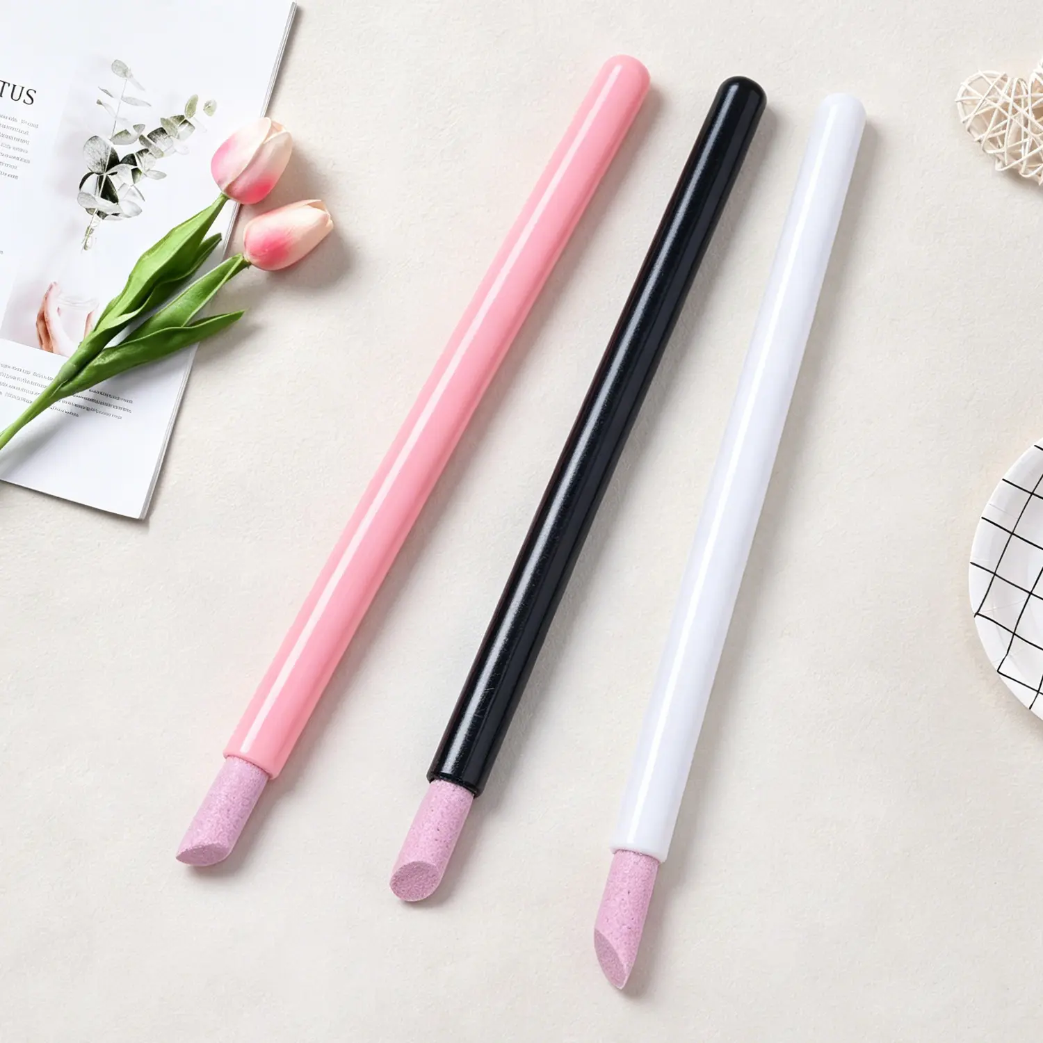 3Pcs Nail File Cuticle Remover Pen, Professional Quartz Nail Polisher for Manicure, 45° Bevel Design for Nail Edge Cleaning & Dead Skin Removal