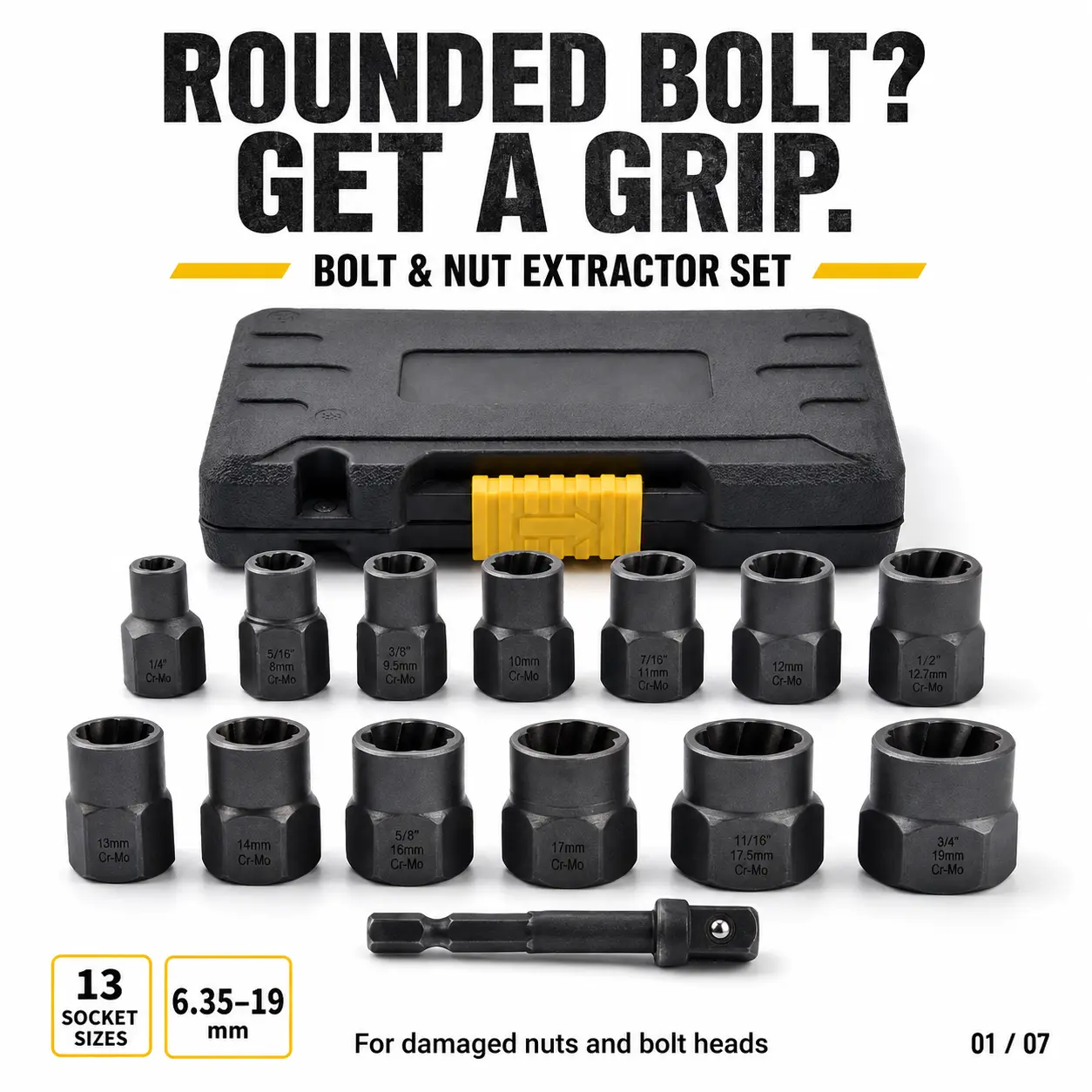 13PCS Bolt & Nut Extractor Set, 6.35-19mm Cr-Mo Damaged Bolt Remover Socket Set for Rounded, Rusted & Stripped Nuts, Impact Driver & Ratchet Tool Kit