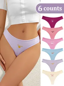 Ribbed Low Rise Thong Panties - Cute Lemon Embroidery Cotton Lined Underwear for Women