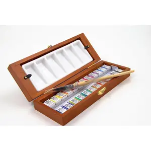 Professional Watercolor  Set - 24 Half Pan Highly Pigmented Transparent Water Color Paints with #4 Synthetic Water color Brush, Mixing Palette & Wooden Box  Watercolor Kit