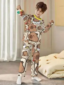 Capybara and Duckling Snuggling 2-Piece Boys' Digital Print Long-Sleeve Pajamas with Long Pants, Snug fit pajamas, Flame-Retardant Fabric, comfortable and soft, suitable for sleeping and home leisure. Made of 100% polyester