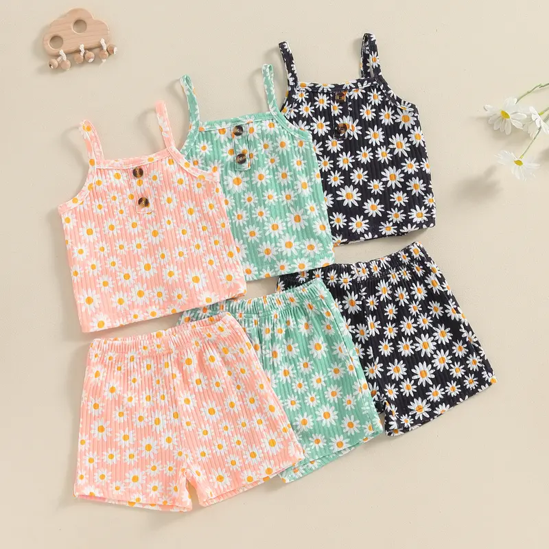 Toddler Baby Girl Clothes Summer Outfit Sleeveless Daisy Print Knit Ribbed Strap Tank Top Shorts Set