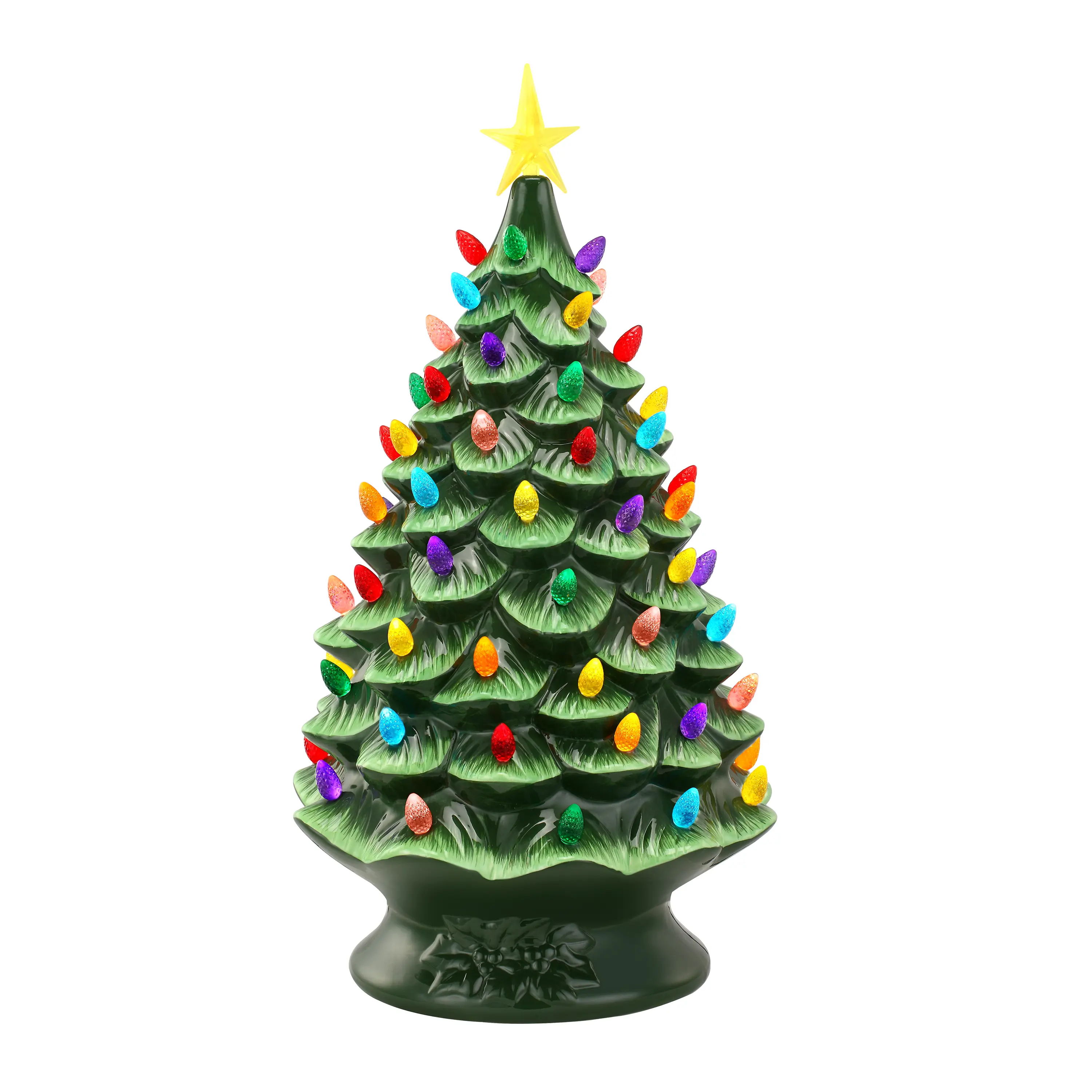 24 in. Nostalgic Ceramic Christmas Tree - Green, Vintage Charm, LED Lighting, Multicolored Faceted Bulbs, AC Adapter, Festive Home Decoration, Star-Accented Light-Up Gift