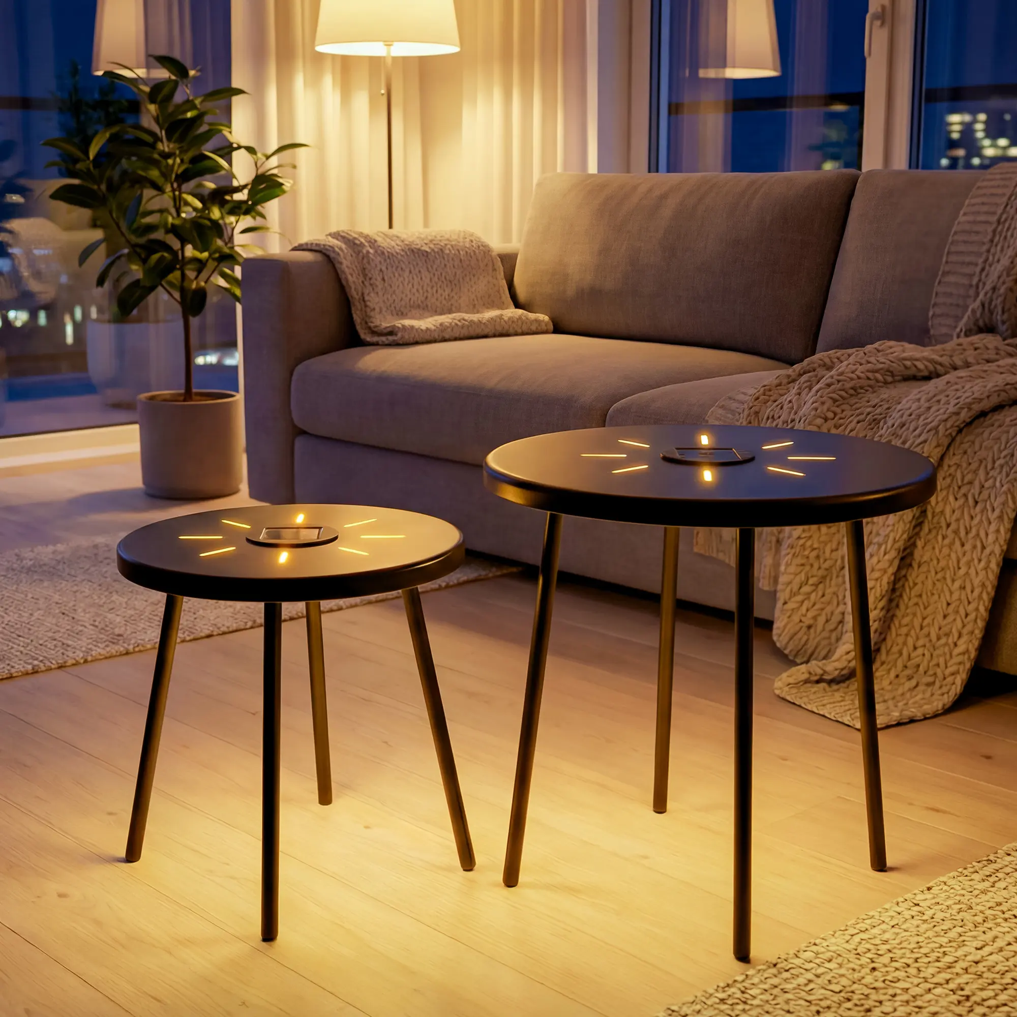 2-Pack Solar-Powered Nesting Round Side Tables with LED Light - Sun-Powered End Tables for Patio, Living Room - Indoor-Outdoor Furniture, Sun-Powered Side Tables