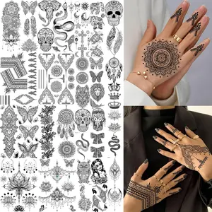 32 Sheets 89+ PCS Black Lotus Temporary Tattoos For Women Hands Adults Underboob, Tribal Indian Elephant Skull Snake Fake Tattoos, Bulk Bohemia Butterfly Tattoo Kit Sets Mandala Flower Moon