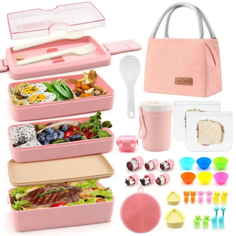 35-Piece Lunch Box Kit Leakproof Bento Lunch Box for Adults Wheat Straw 3-Layer Stackable Lunch Containers with Compartments Eco-Friendly Meal Prep Containers (Pink) Three-Compartment Leak-Proof