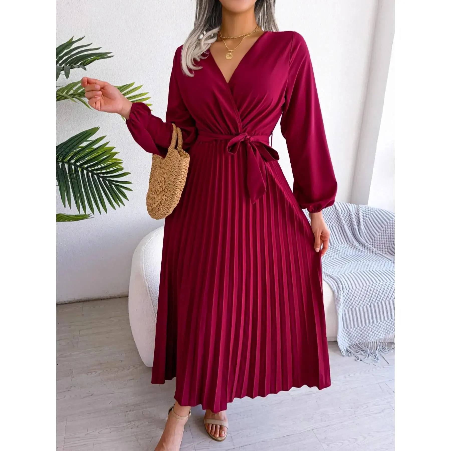 Glamorous Evening Gown, Model Women's Mean Girls Plain Belted Pleated Wrap Vneck a Line Dress, Formal Comfort Bishop Sleeve Long Sleeves Midi for Spring, Ladies Clothes Daily Vacation Outdoor Casual Wear, Sun Dresses