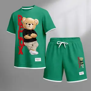 Men's Bear Print Drawstring Shorts Set For Spring/Summer. A Casual Summer Outfit, Including A Short-Sleeved Shirt And Shorts, Suitable For Everyday Wear And Sports. A Two-Piece Set For A Relaxed And Energetic Lifestyle.