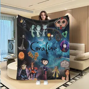 Modern Coraline Character Print Blanket - Spooky Movie Inspired Soft Flannel Throw - Dark Fantasy Home Decor - Lightweight Warm Bedspread - Trendy Gift for Animation Fans