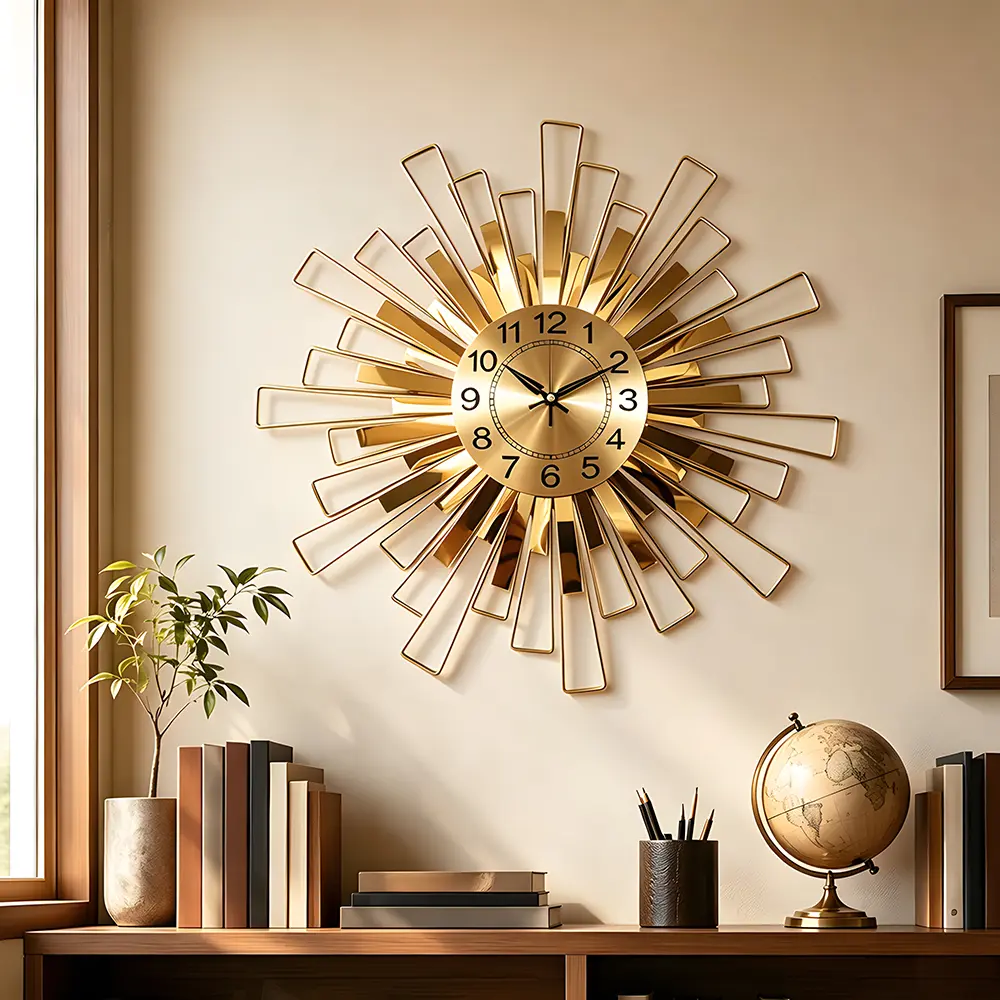 Golden Mid-Century Large Wall Clock, 21.6-Inch Non-Ticking Wall Clocks, Round Metal Retro Wall Watch Art, Boho Farmhouse Modern Art Decor for Bedroom Kitchen Office Home Decorative