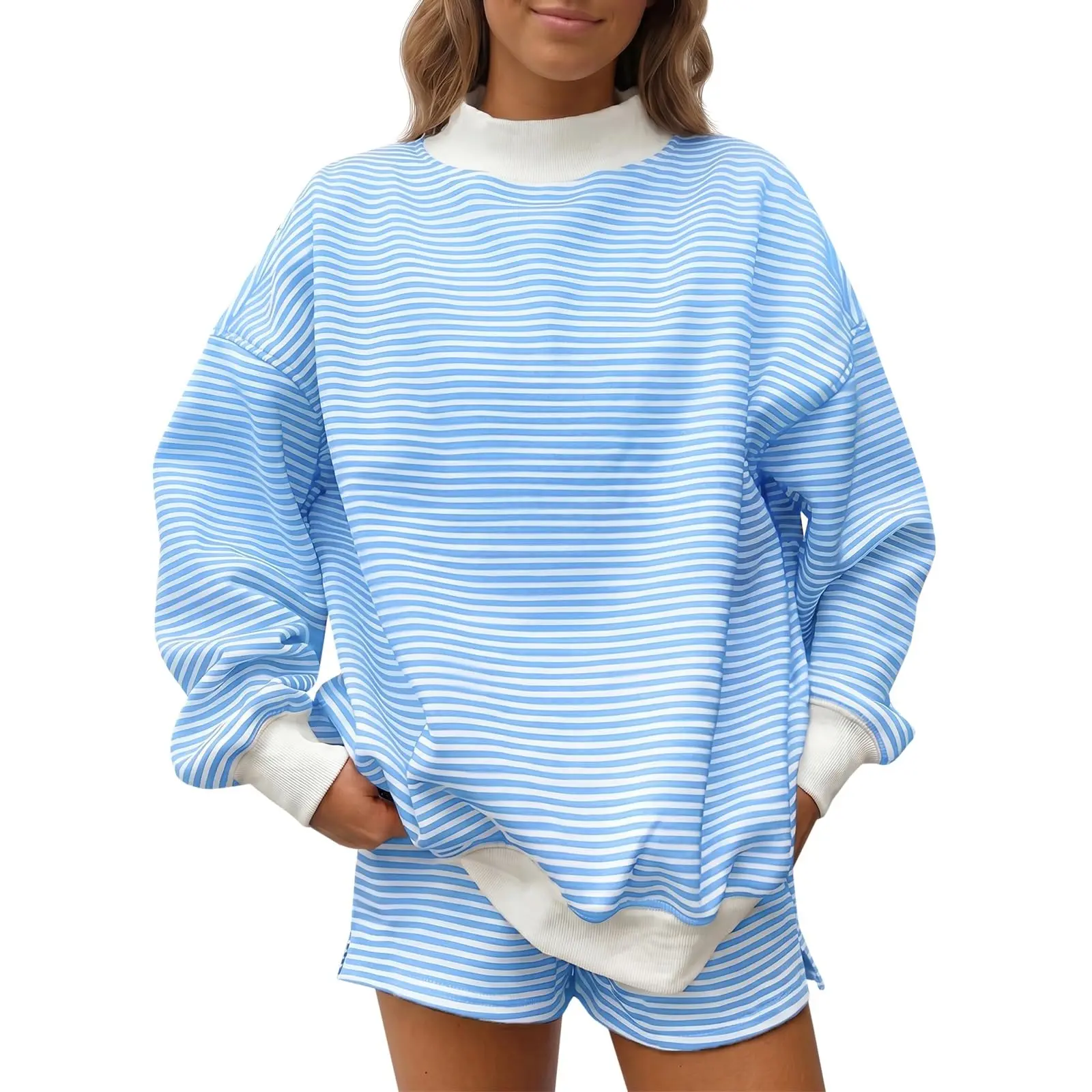 FISOEW Women's Fashion 2-Piece Striped Loungewear Set - Breathable Matching Fabric Fashion Apparel, Mock Neck Oversized Sweatshirt & Drawstring Shorts Casual Tracksuit, Two Piece Set, 2 Piece Sets Women