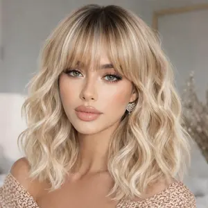 14 Inch Blonde Wave Wig with Bangs for Women Medium Length Ombre blonde highlight Wavy Wigs Nature Looking Synthetic Heat Resistant Fiber Wig for Party Daily Use