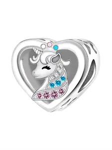 Copper Plated Silver Unicorn Heart Charm, Cute Animal Design, Zircon Embedded, Personalized Engraving, Perfect Gift for Friends
