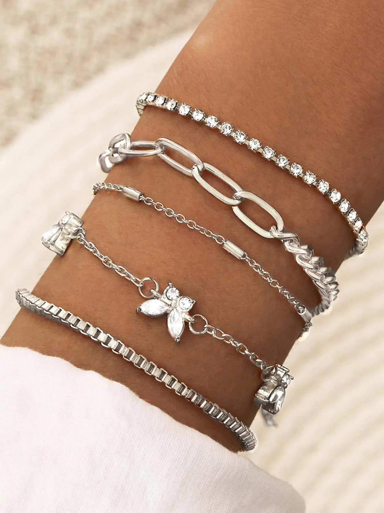 5pcs/set Women's Boho Style Butterfly Rhinestone Decorated Link Bracelet, Fashionable Vacation Style Versatile Casual Accessories