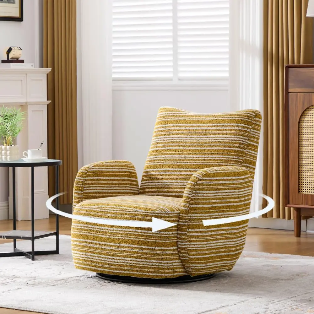 Modern Style 360° Swivel Leisure Chair Fabric Striped Armrest Swivel Chair with Sand-Rimmed Fabric and Metal Bracket, Suitable for Living Room, Balcony and Bedroom (Mustard Yellow + Boucle)