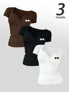 Butterfly Bow Printed Women's Buttons 3 Pieces V Neck Tee, Casual Women's Short-Sleeve T-shirt For Summer, Ladies Basic Clothes for Daily Wear, TikTok Trending T-shirt Women, Womenswear Top