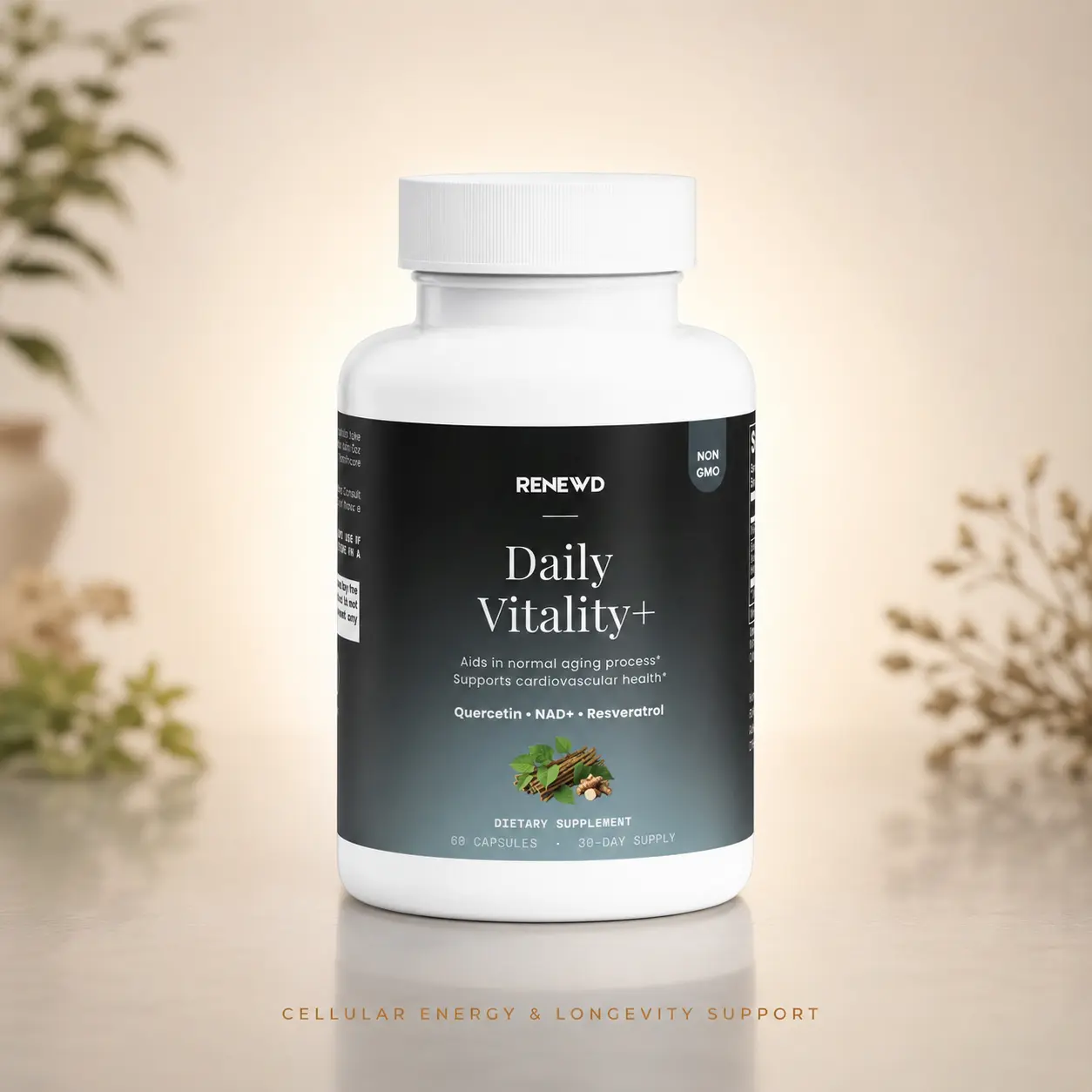 RENEWD Daily Vitality+ NAD+ Booster Supplement 500mg - Unflavored, Non-GMO, Plant-Based 60 Capsules with Quercetin & Resveratrol, Energy Boost, Cellular Support, Heart Health Antioxidants