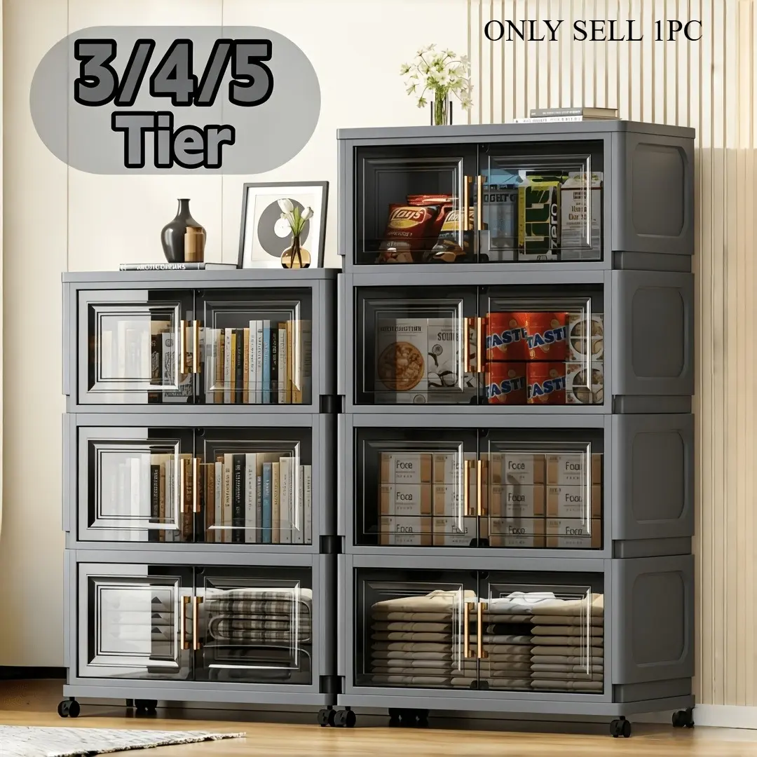 3/4/5-tier stackable and foldable plastic storage boxes with lids and doors, large-capacity dust-proof storage cabinets with wheels, suitable for home as space-saving modular storage boxes, Dustproof Plastic Organizer