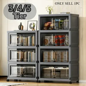 3/4/5-tier stackable and foldable plastic storage boxes with lids and doors, large-capacity dust-proof storage cabinets with wheels, suitable for wardrobe/bedroom/living room/kitchen as space-saving modular storage boxes