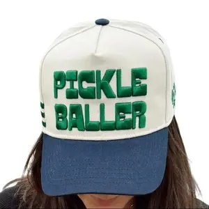 Pickleballer Vintage Trucker Hat Navy Green & Periwinkle Pink Embroidery 3D Side Embroidery Pickleball Accessories