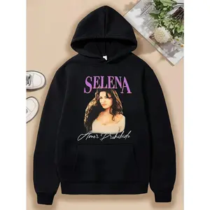 Graphic Print Hoodie - Selena Portrait & Name Design Long Sleeve Pullover