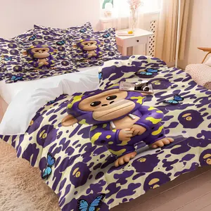 BAPE Light Purple Camouflage Duvet Cover Set, 1 Duvet Cover and 1-2 Pillowcases, 3D Cute Monkey and Butterfly Decoration, Soft Bedding, Street Trendy Bedroom Decor, Gift for Streetwear Enthusiast