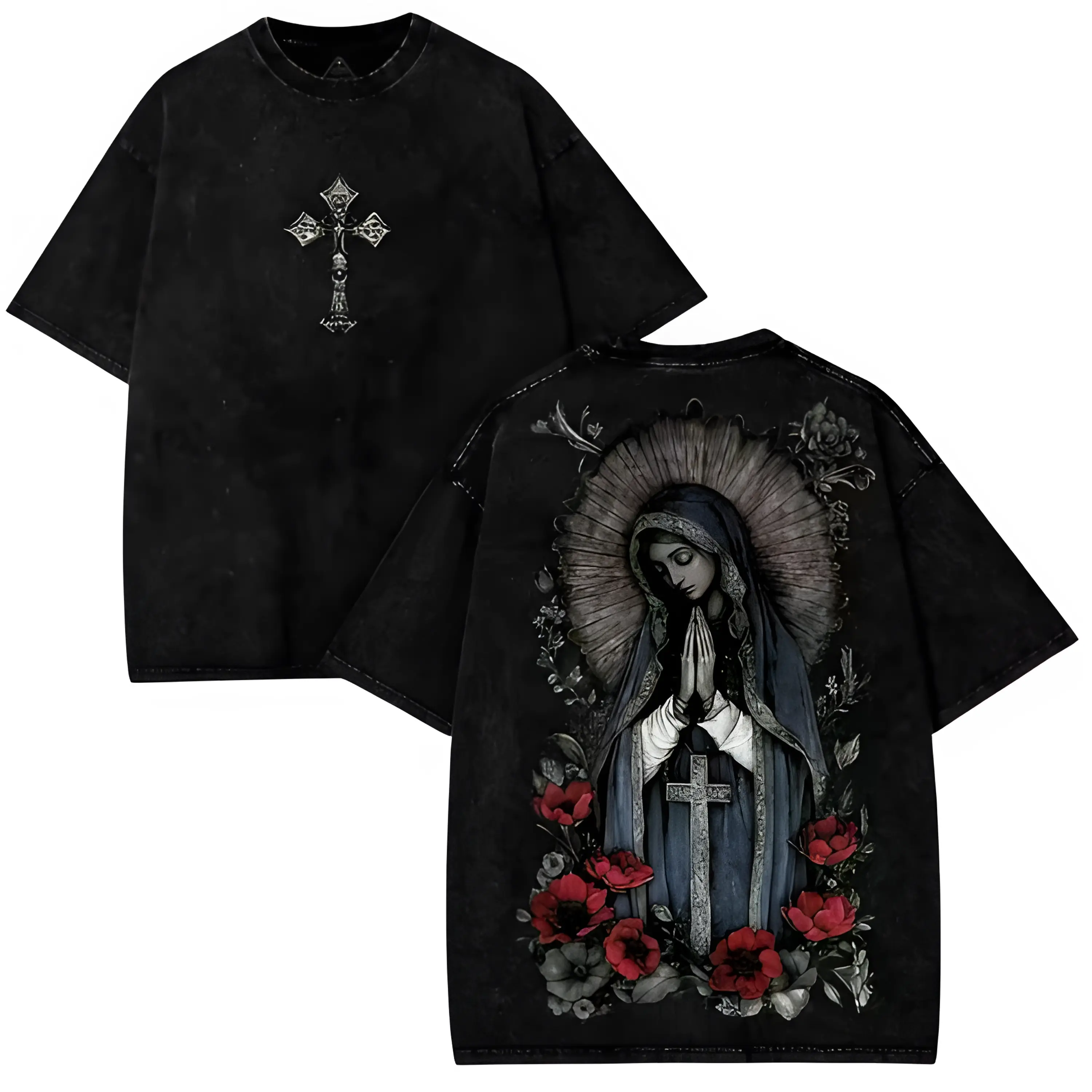 Our Lady of Guadalupe Cross Oversized Graphic T-Shirt - Comfort Cotton Fashion Outfit, Gothic Faith Valentine’s Day Gift for Her, Him & Devout Loved Ones