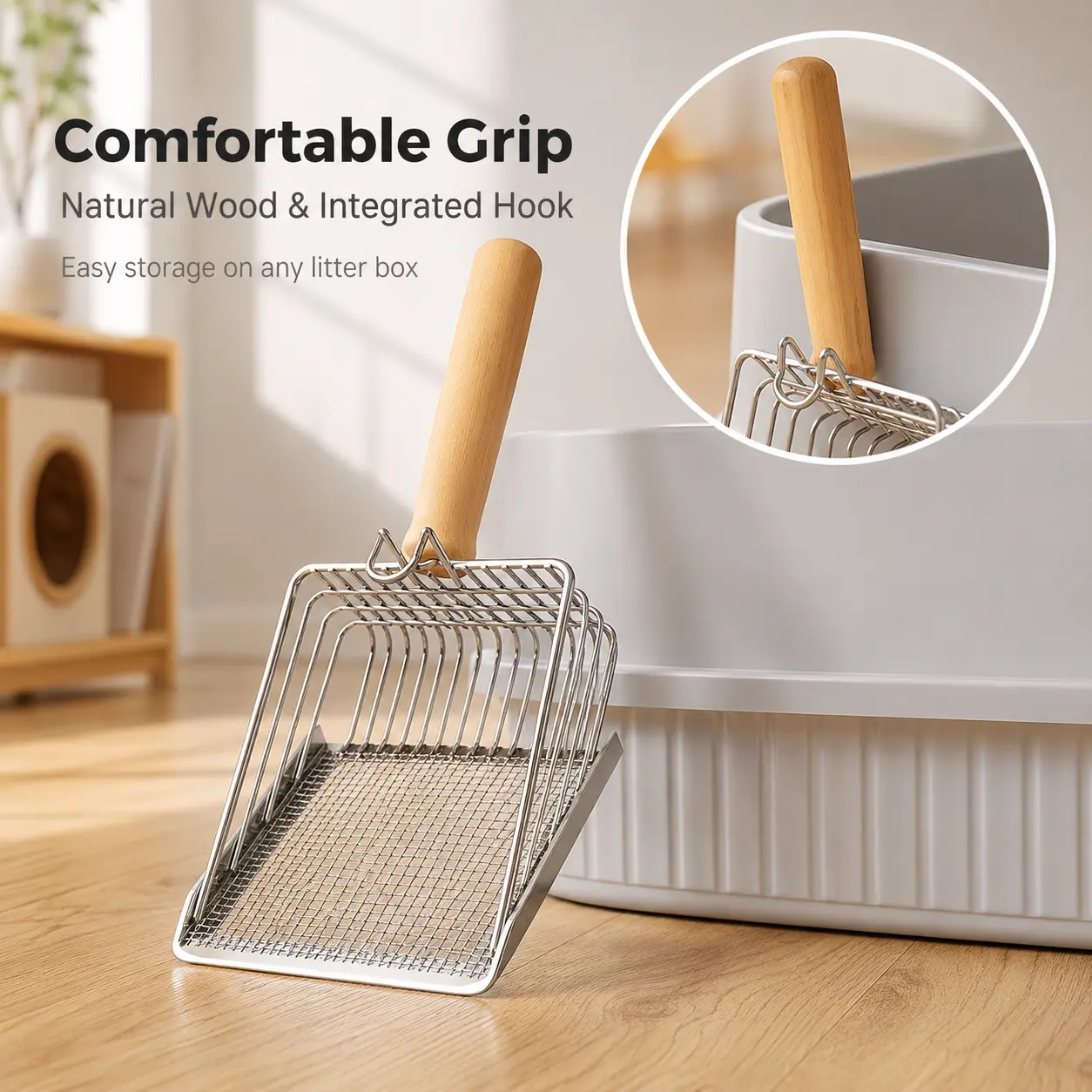 Metal Cat Litter Scoop with Wooden Handle, Stainless Steel Sifter with Integrated Hook for Easy Storage, Fine Mesh Kitty Litter Shovel for All Litter Boxes