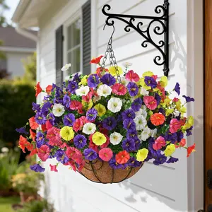 Artificial Hanging Flowers Plants with Basket for Outdoors - Fake Petunias Flowers Fake Silk Morning Glory Planter for Outside Porch Patio Balcony Garden S