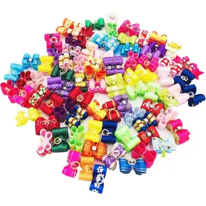 50 /25Pair Small Dog Hair Bows with Rubber Bands and Rhinestones Puppy Grooming Bows Doggies Cat Topknot Bowknot Pet Hair Accessories Color Random