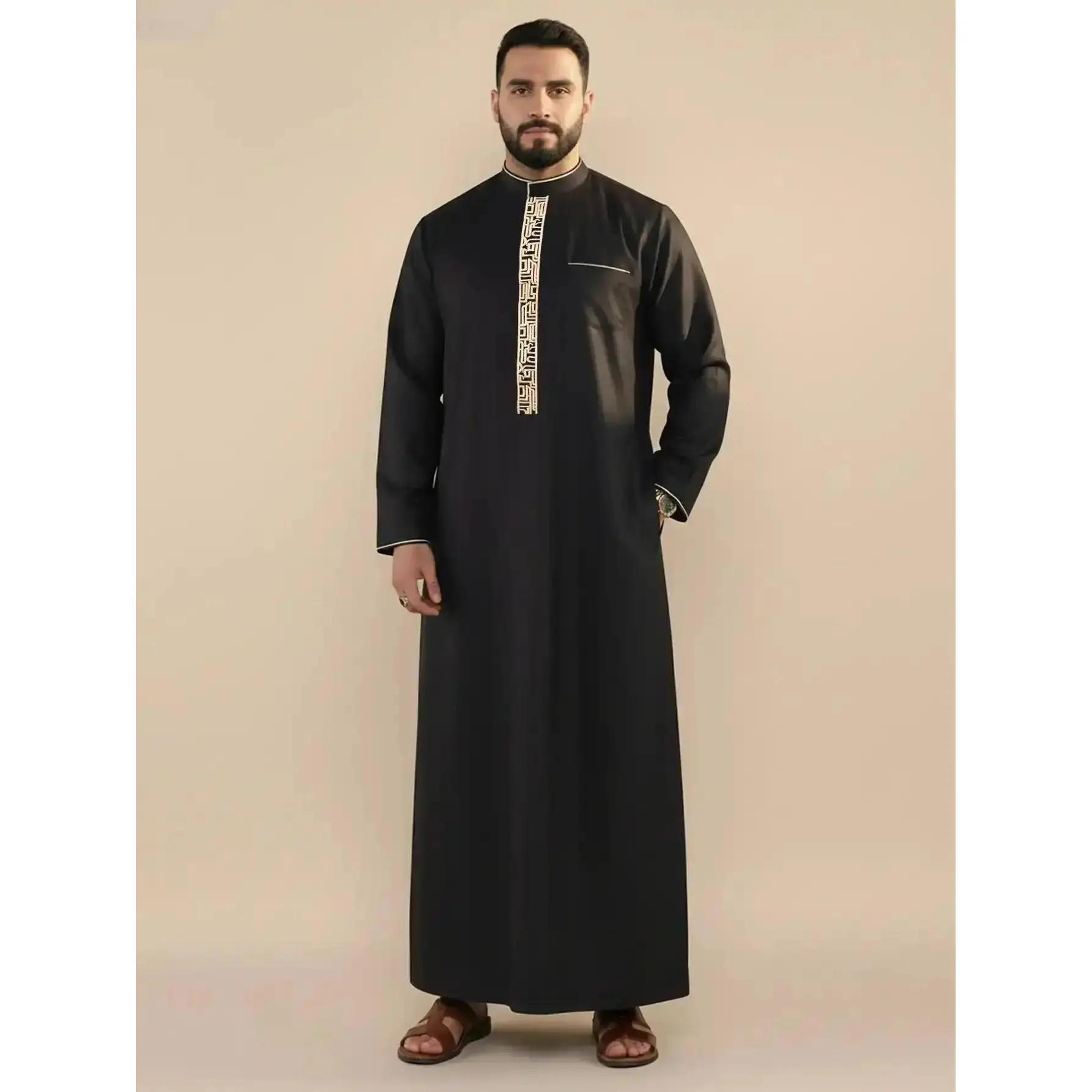 Men's Traditional Arab Thobe, Modern Embroidery Muslim Kaftan with Pocket, Islamic Robe for Daily Wear Casual Black, wardrobe staple, everyday essential piece, must have item, trendy style, timeless statement piece