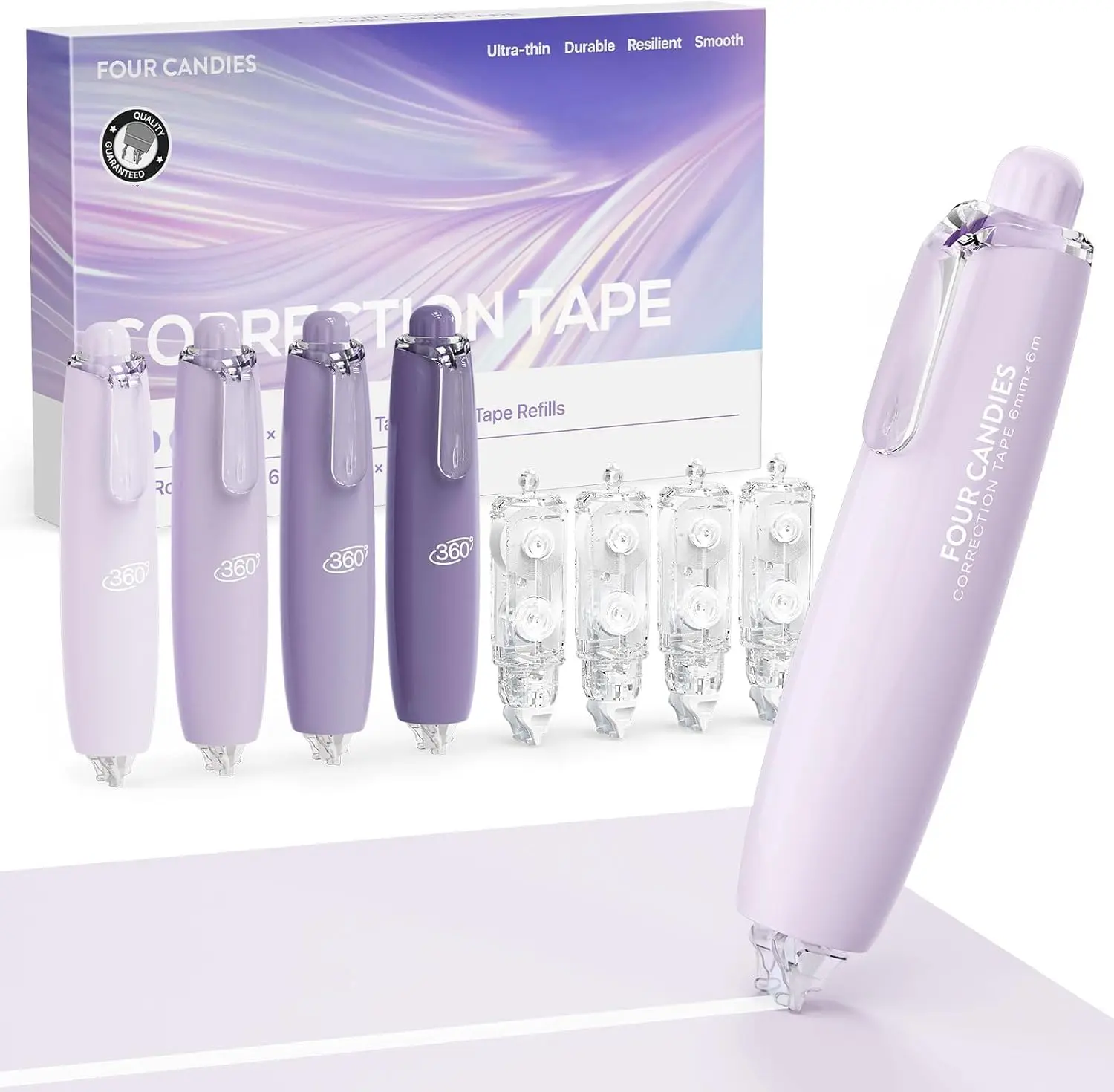 4 Candies Refillable Retractable White Correction Tape Set (Purple) - 4PCS with 4 Extra Refills, Smooth Pull-Out Design, Easy-to-Use Applicator for Instant Corrections, Office & School Stationery Supplies