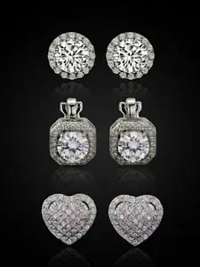 3 Pairs Fashionable Copper Micro-Set Zircon Heart Square Round Ear Cuffs Set, Women's Clip-On Earrings, Wedding Anniversary Gift
