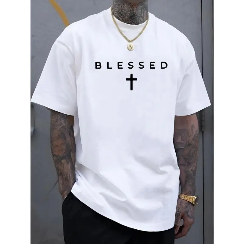 Men'S Casual Crew Neck T-Shirt with Cross & "BLESSED" Letter Print, 100% cotton Knit Fabric, Regular Fit Short Sleeve Tee for Summer, Comfortable & Versatile Weekend Casual Wear, Everyday Tshirt |       Sleek Black Tee |       Lightweight Fabric