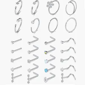 28PCS Nose Rings  For Women Men - Hypoallergenic 316L Surgical Stainless Steel L Shape Nose Screw Bone Silver Rose Gold Black Rainbow Pack 28Pcs