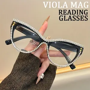 Ladies diamond-studded large-frame willow rivet embellished old-fashioned glasses, anti-blue light and anti-fatigue cat- reading glasses, the best choice for decoration when watching TV or reading a book.
